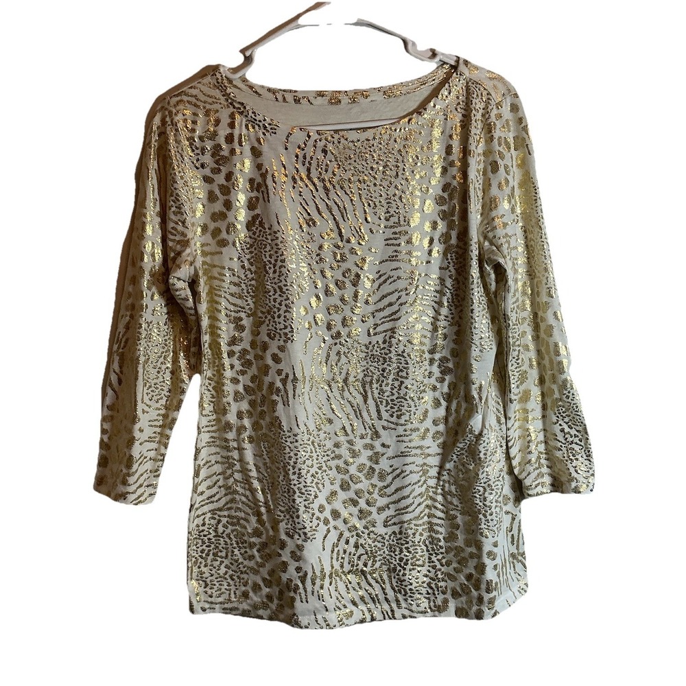 JENNIFER LAUREN Gold Metallic Animal Print Sparkle Long Sleeve Top Blouse Size M